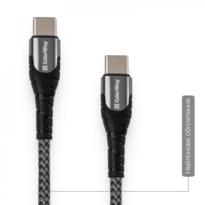 Дата кабель USB-C to USB-C 1.0m PD Fast Charging 65W 3А grey ColorWay (CW-CBPDCC040-GR)