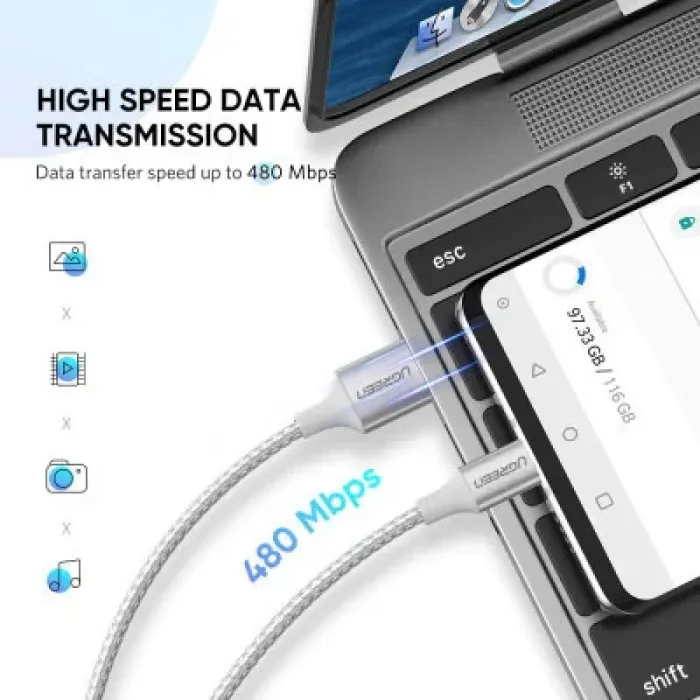 Дата кабель USB 2.0 AM to USB-C 2.0m 3.0A 18W US288 White Ugreen (60133)