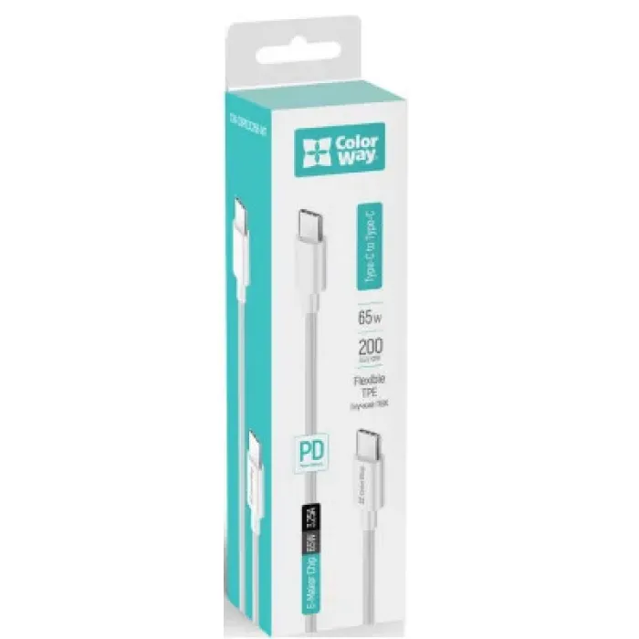 Дата кабель USB-C to USB-C 2.0m 3A 65W white ColorWay (CW-CBPDCC056-WT)