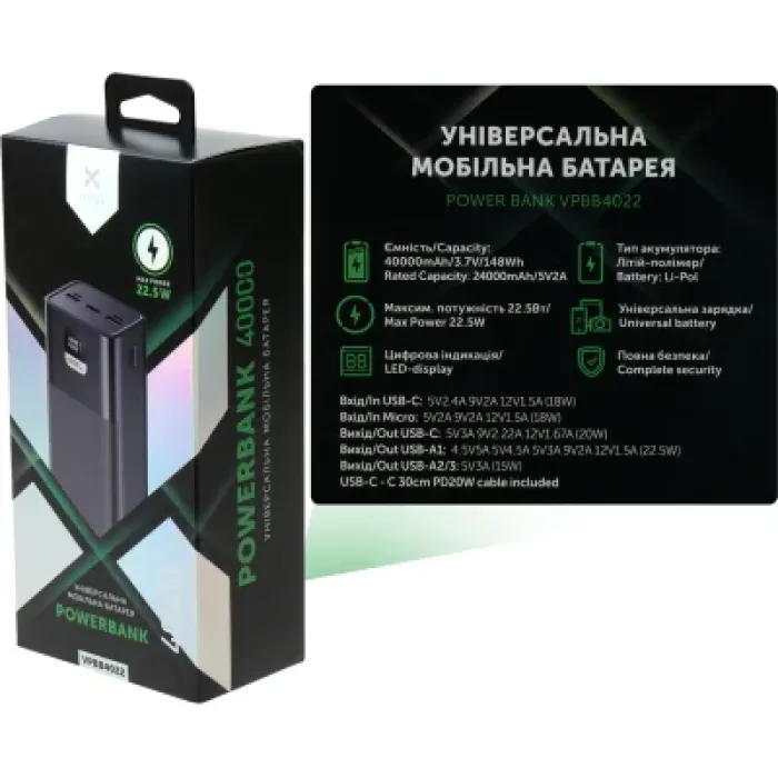 Батарея універсальна Vinga 40000 mAh 22.5W Display Black (VPBB4022)
