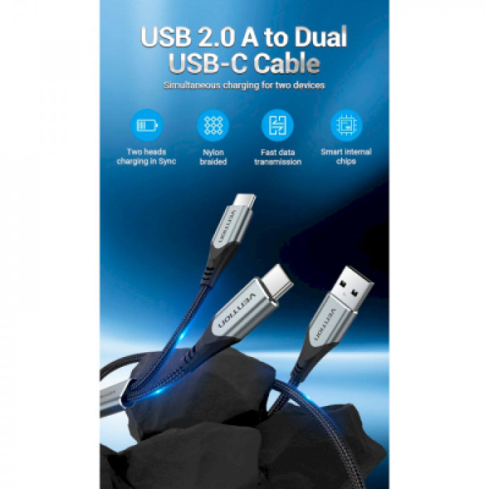 Дата кабель USB 2.0 AM to 2хUSB-C M 1.0m 2.4А 480Mbps Aluminum Vention (CQOHF)