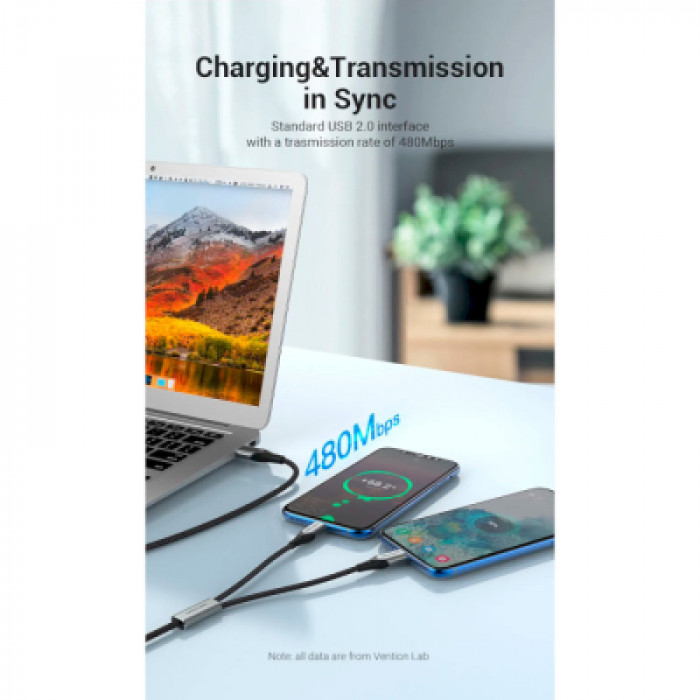 Дата кабель USB 2.0 AM to 2хUSB-C M 1.0m 2.4А 480Mbps Aluminum Vention (CQOHF)