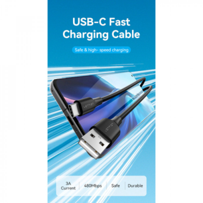 Дата кабель USB 2.0 AM to USB-C 3.0m 3.0A (18W) PVC black Vention (CTHBI)
