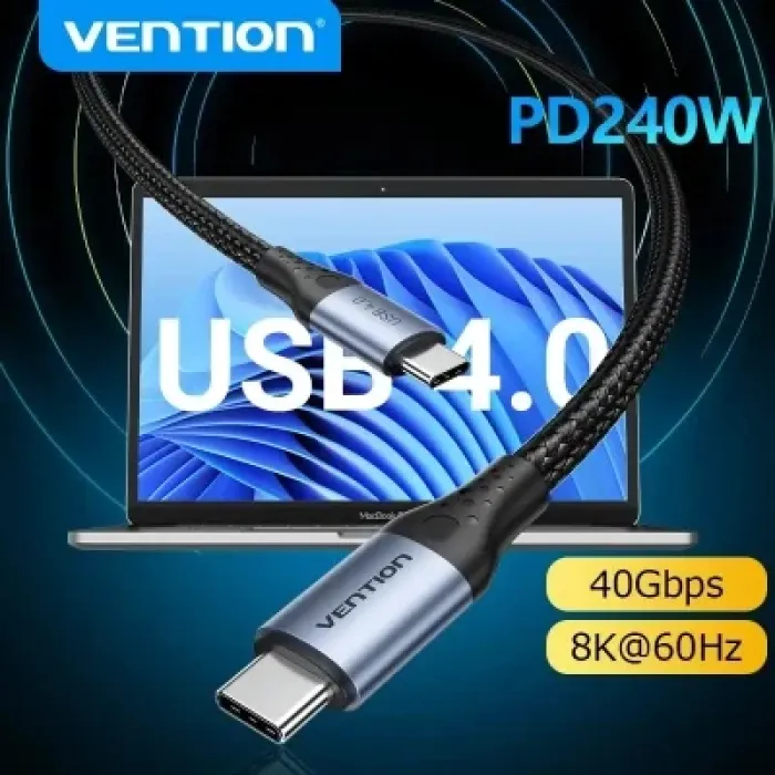 Дата кабель USB-C to USB-C 1.0m Thunderbolt 4 240W (50V/5A) 8K60Hz Gray Aluminum Alloy Vention (TAVHF)