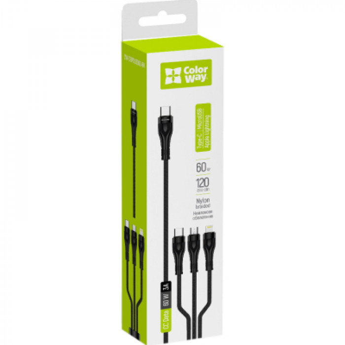 Дата кабель USB-C to Lightning + Micro 5P + USB-C 1.2m 3.0A (PD60W data) Black ColorWay (CW-CBPDU3060-BK)