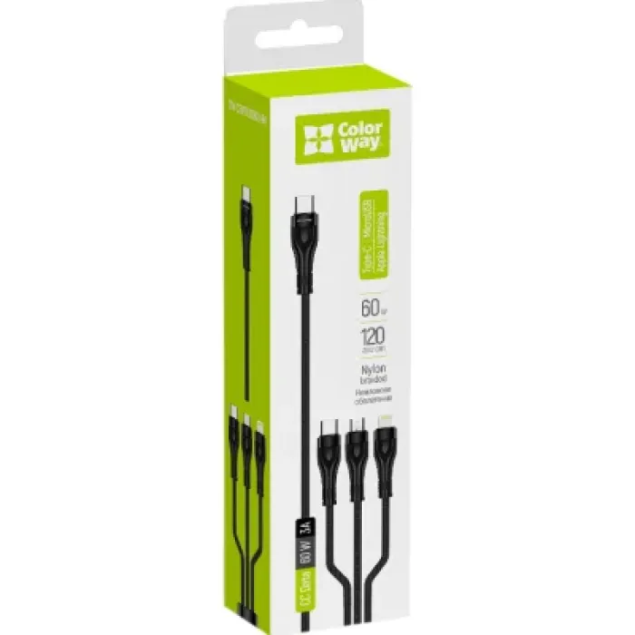 Дата кабель USB-C to Lightning + Micro 5P + USB-C 1.2m 3.0A (PD60W data) Black ColorWay (CW-CBPDU3060-BK)