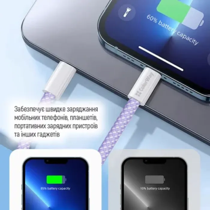 Дата USB-C кабель USB-C 1.0m 60W 3.0А purple ColorWay (CW-CBPDCC061-PU)