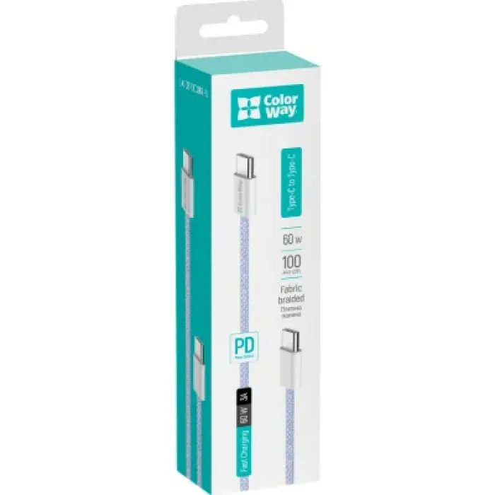 Дата USB-C кабель USB-C 1.0m 60W 3.0А purple ColorWay (CW-CBPDCC061-PU)