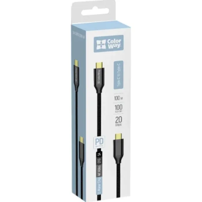 Дата USB-C кабель USB-C 1.0m USB3.2 (20Gbps 4K PD100W) Gen2 5А black ColorWay (CW-CBPDCC062-BK)