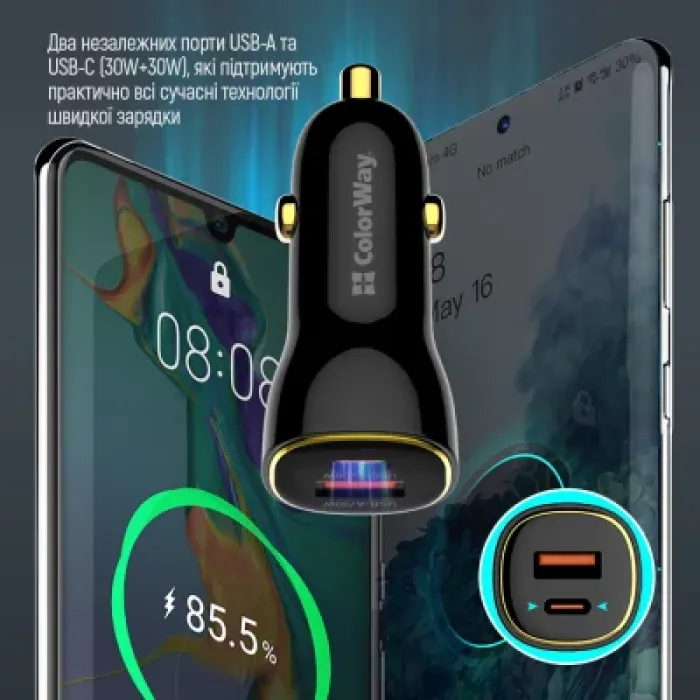 Зарядний пристрій ColorWay PowerDelivery PPS USB (USB-A + USB-C) (60W) Black (CW-CHA046PD-BK)