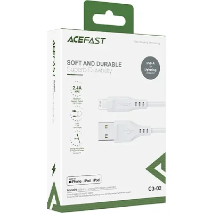 Дата кабелю USB 2.0 AM to Lightning 1.2m 2.4A TPE C3-02 White Acefast (6974316280835)