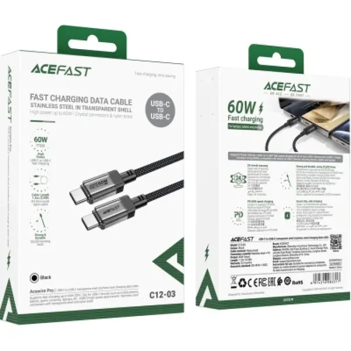 Дата кабель USB-C to USB-C 1.2m 60W stainless steel C12-03 Black Acefast (6974316283317)