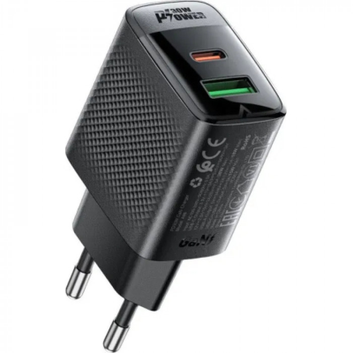 Зарядний пристрій Acefast 2xUSB 30W (USB-C+USB-A) Gan A98 Black (6974316283263)