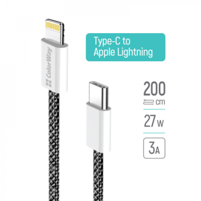 Дата кабель USB-C to Lightning 2.0m 27W PD FC black ColorWay (CW-CBPDCL068-BK)