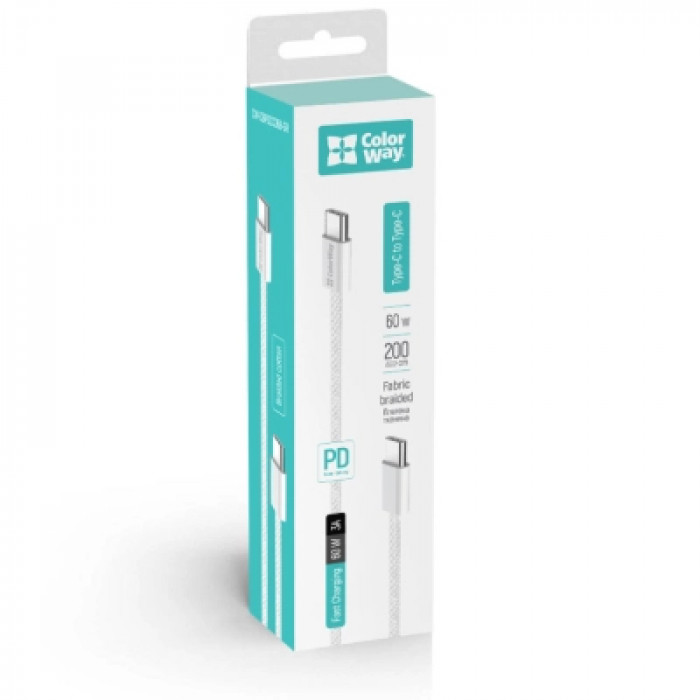 Дата кабель USB-C to USB-C 2.0m (braided cotton) (PD Fast Charging 60W) 3.0А grey ColorWay (CW-CBPDCC068-GR)