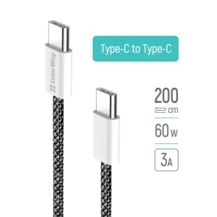 Дата кабель USB-C to USB-C 2.0m (braided cotton) (PD Fast Charging 60W) 3.0А black ColorWay (CW-CBPDCC068-BK)