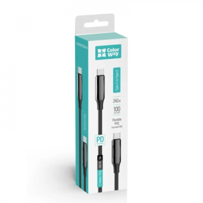 Дата кабель USB-C to USB-C 2.0m (PVC+Aluminum Alloy) (PD Fast Charging 240W) 5А black ColorWay (CW-CBPDCC070-BK)