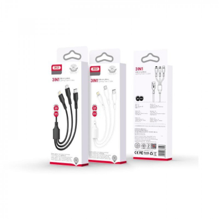 Дата кабель USB 2.0 AM to Lightning + Micro 5P + USB-C 1.0m 2.4A XO (CB-23U3)