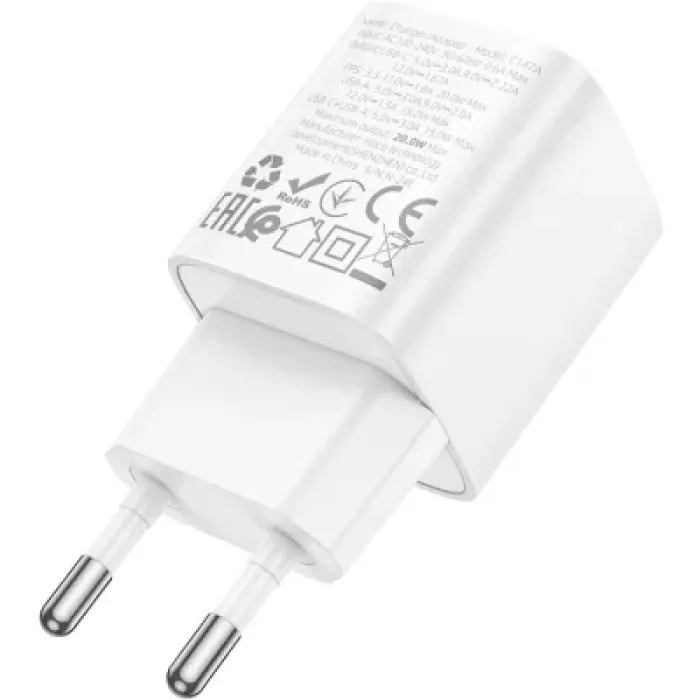 Зарядний пристрій HOCO C147A Charm 1xUSB-C PD20W + 1xUSB QC3.0 White (6942007630276)