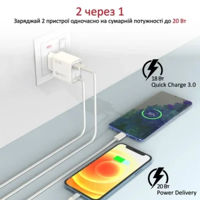 Зарядний пристрій Promate 20W PD Lightning + USB QC3.0 (icharge-pdqc3.white)