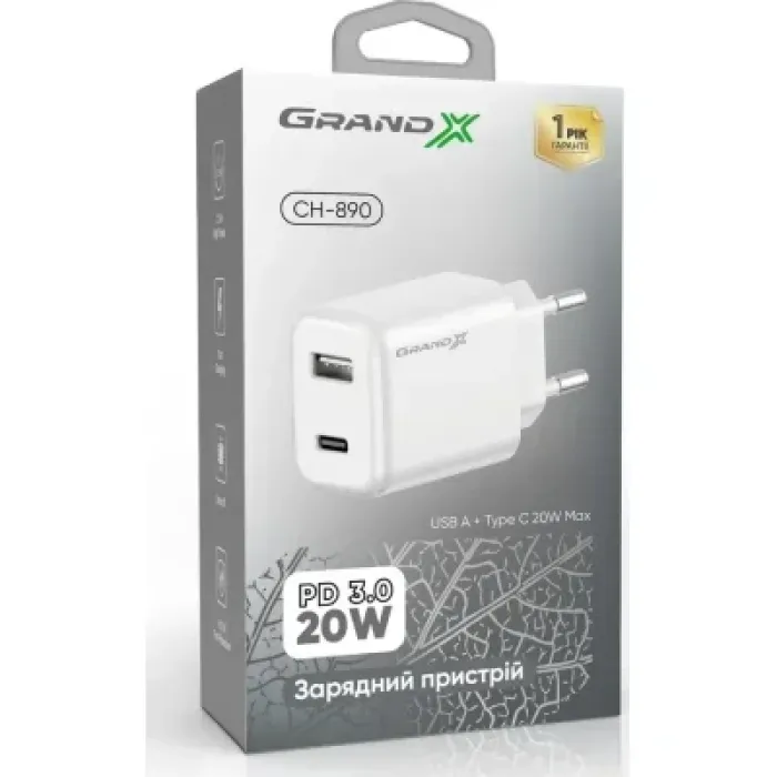 Зарядний пристрій Grand-X CH-890 Fast Charge 1xUSB-C PD20W + 1xUSB QC4.0 + AFC SCP FCP Black (CH-890)