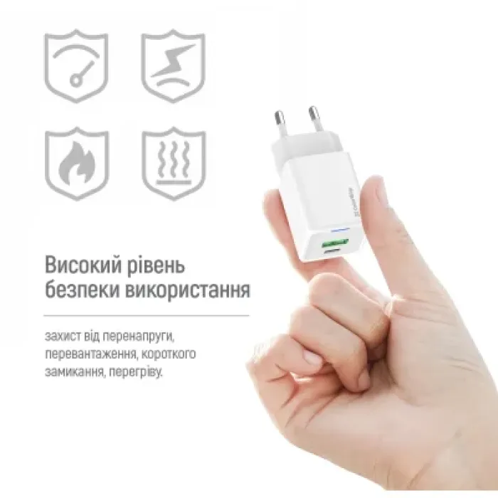 Зарядний пристрій ColorWay C101A GaN Mini 20W PD PPS USB-C + USB-A QC4.0 + cable USB-C to USB-C black (CW-CHS062PDC-WT)