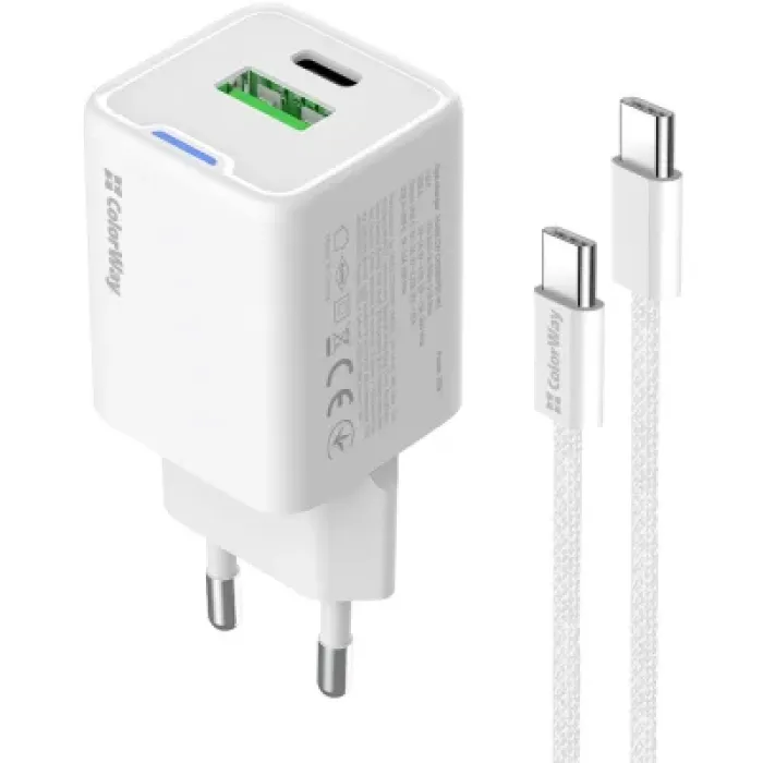 Зарядний пристрій ColorWay C101A GaN Mini 20W PD PPS USB-C + USB-A QC4.0 + cable USB-C to USB-C black (CW-CHS062PDC-WT)