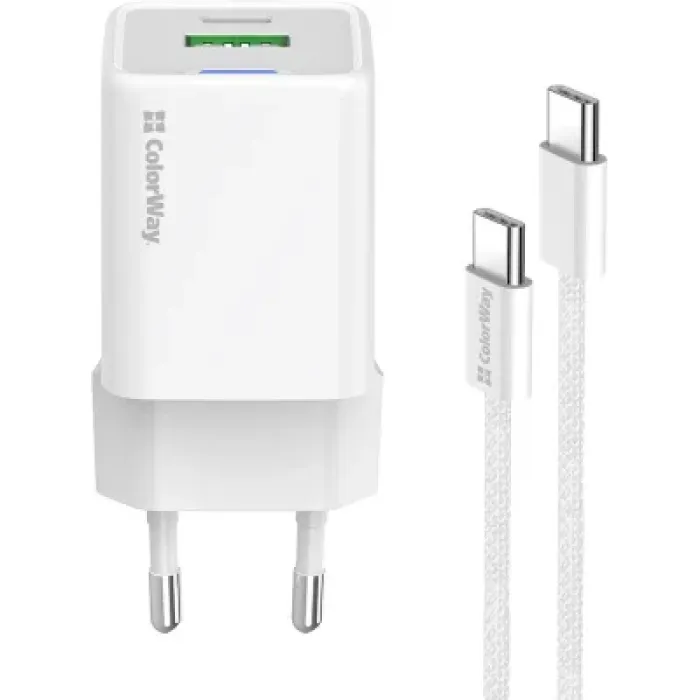 Зарядний пристрій ColorWay C101A GaN Mini 20W PD PPS USB-C + USB-A QC4.0 + cable USB-C to USB-C black (CW-CHS062PDC-WT)