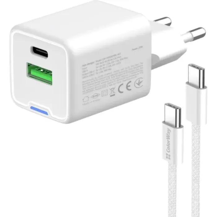 Зарядний пристрій ColorWay C101A GaN Mini 20W PD PPS USB-C + USB-A QC4.0 + cable USB-C to USB-C black (CW-CHS062PDC-WT)