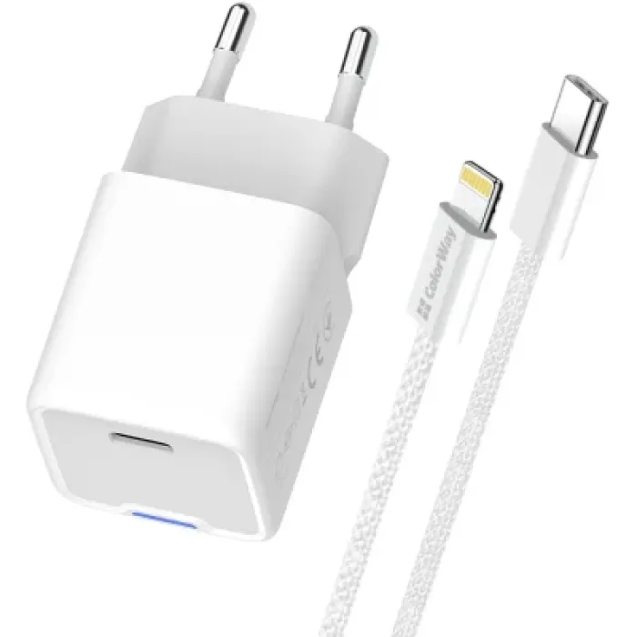 Зарядний пристрій ColorWay C101D GaN Mini 20W PD PPS USB-C + cable USB-C to Lightning white (CW-CHS059PDL-WT)