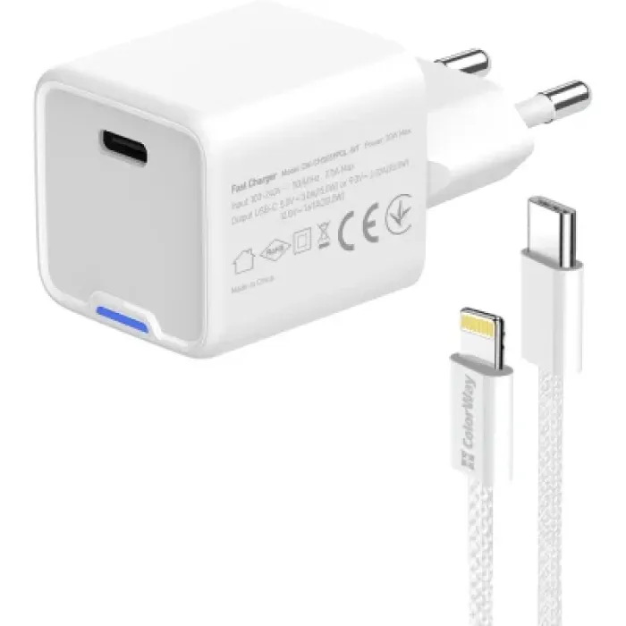 Зарядний пристрій ColorWay C101D GaN Mini 20W PD PPS USB-C + cable USB-C to Lightning white (CW-CHS059PDL-WT)