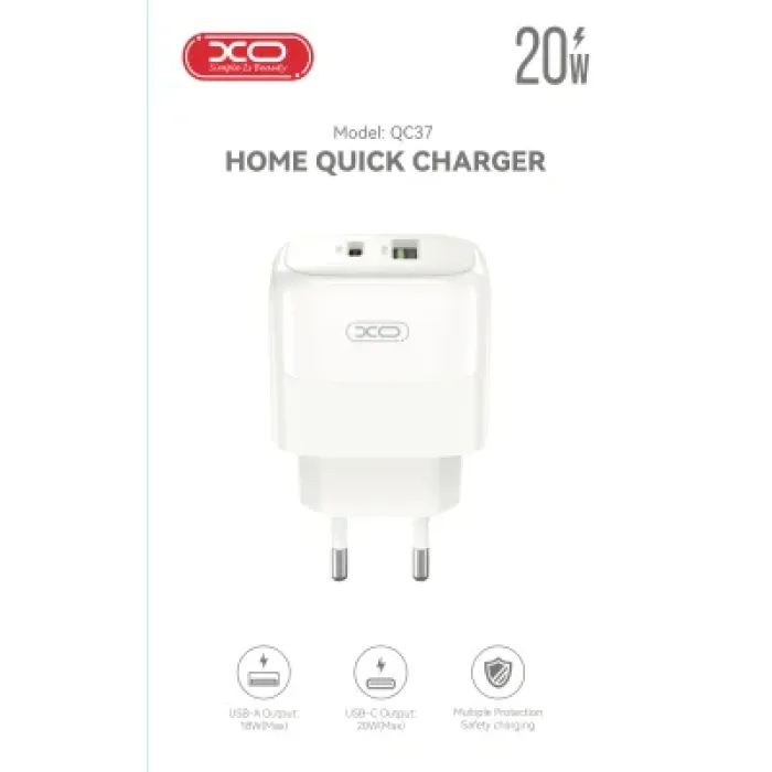 Зарядний пристрій XO 1xUSB QC3.0 + 1xUSB-C PD20W (XO-QC37)