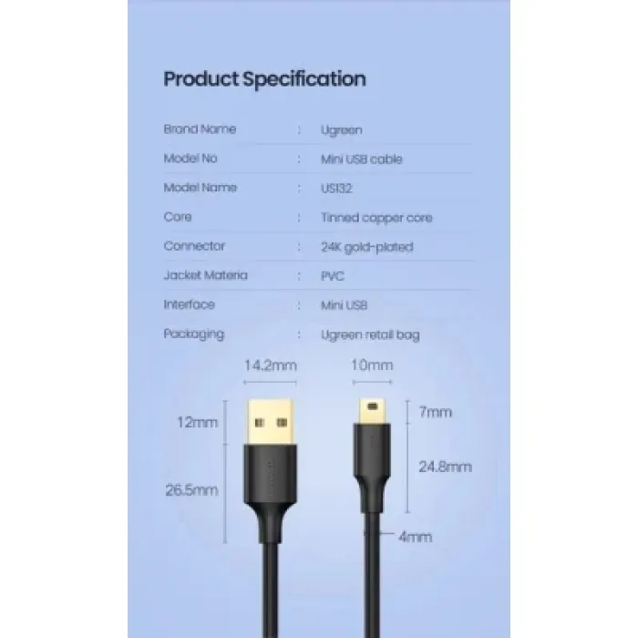 Дата кабель USB 2.0 AM to Mini 5P 1.0m US132 black Ugreen (10355)