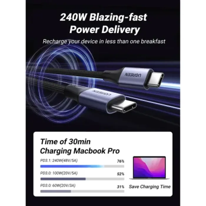 Дата кабель USB-C to USB-C 1.0m 240W US535 space gray Ugreen (15311)