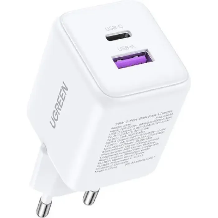 Зарядний пристрій Ugreen USB + USB-C GaN 30W X516 white (65015)