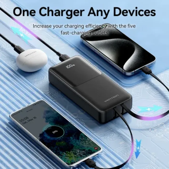 Батарея універсальна Vention 20000 mAh 22.5W with Built-in USB-C and Lightning Cables (FHPB0)
