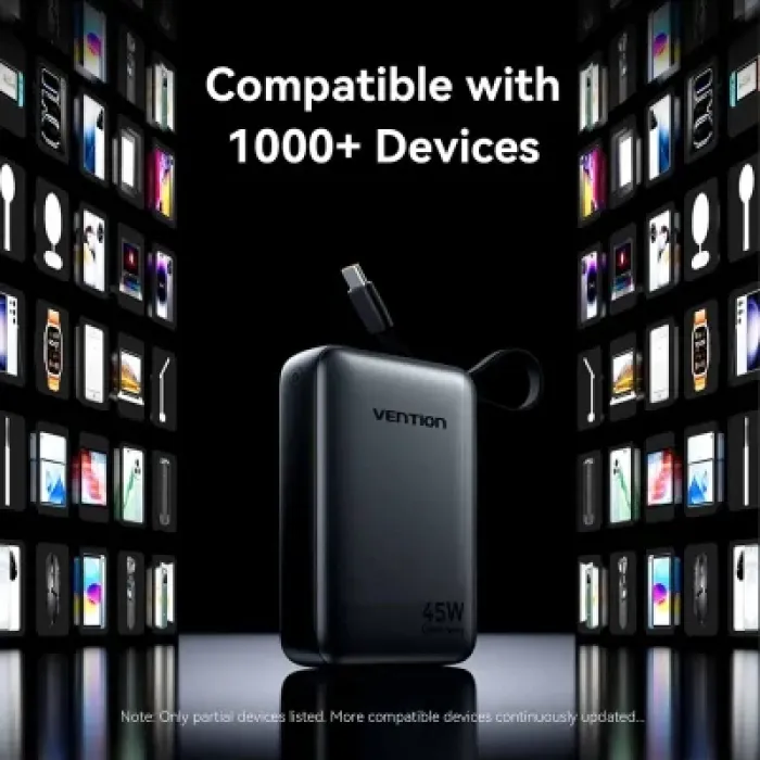 Батарея універсальна Vention 20000 mAh 45W Mini with Built-in USB-C Cable Gray (FHGH0)