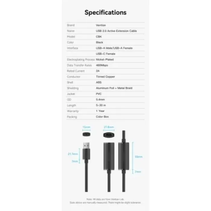 Дата кабель USB 2.0 AM/AF 10.0m Active black Vention (CBKBL)