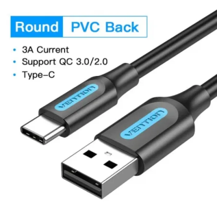 Дата кабель USB 2.0 AM to USB-C 1.0m 3A black Vention (COKBF)