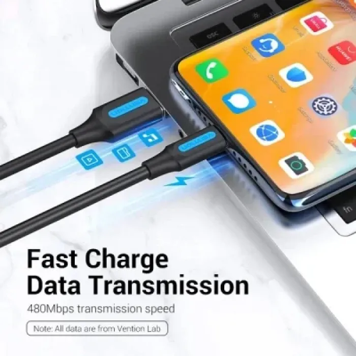Дата кабель USB 2.0 AM to USB-C 1.5m 3A black Vention (COKBG)