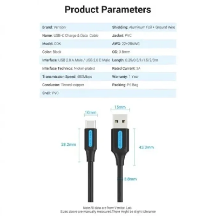Дата кабель USB 2.0 AM to USB-C 1.5m 3A black Vention (COKBG)