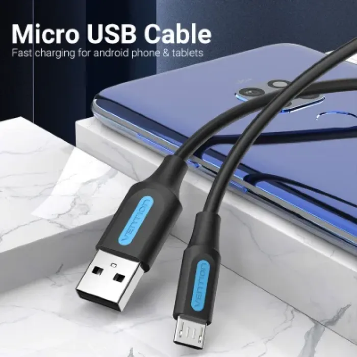 Дата кабель USB 2.0 AM to Micro 5P 1.0m 3A black Vention (COLBF)