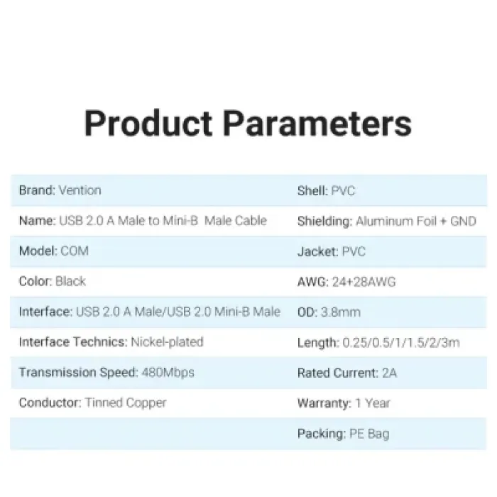 Дата кабель USB 2.0 AM to Mini 5P 2.0m black Vention (COMBH)