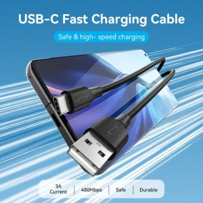 Дата кабель USB 2.0 AM to USB-C 1.0m 3A black Vention (CTHBF)