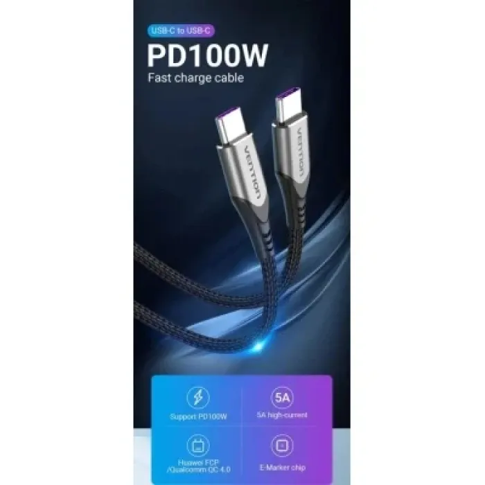 Дата кабель USB-C to USB-C 1.0m 5A aluminum gray Vention (TAEHF)