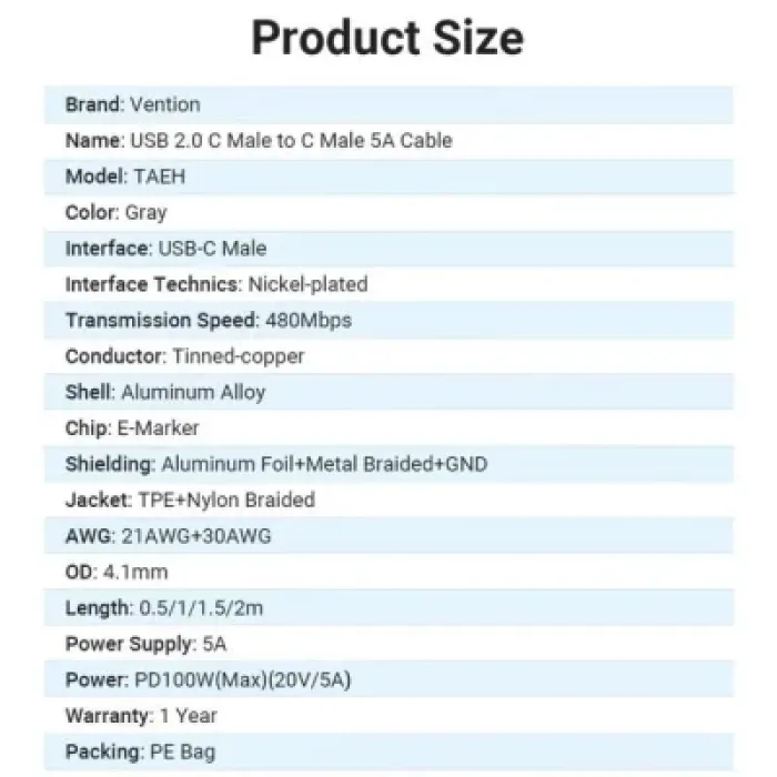 Дата кабель USB-C to USB-C 2.0m 5A aluminum gray Vention (TAEHH)