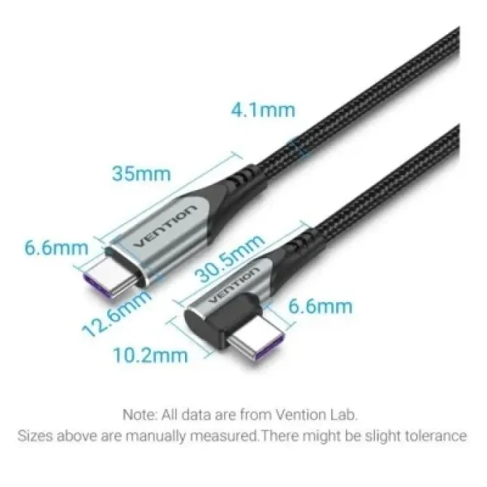 Дата кабель USB 2.0 USB-C to USB-C 1.0m 5A 90° corner aluminum gray Vention (TAKHF)