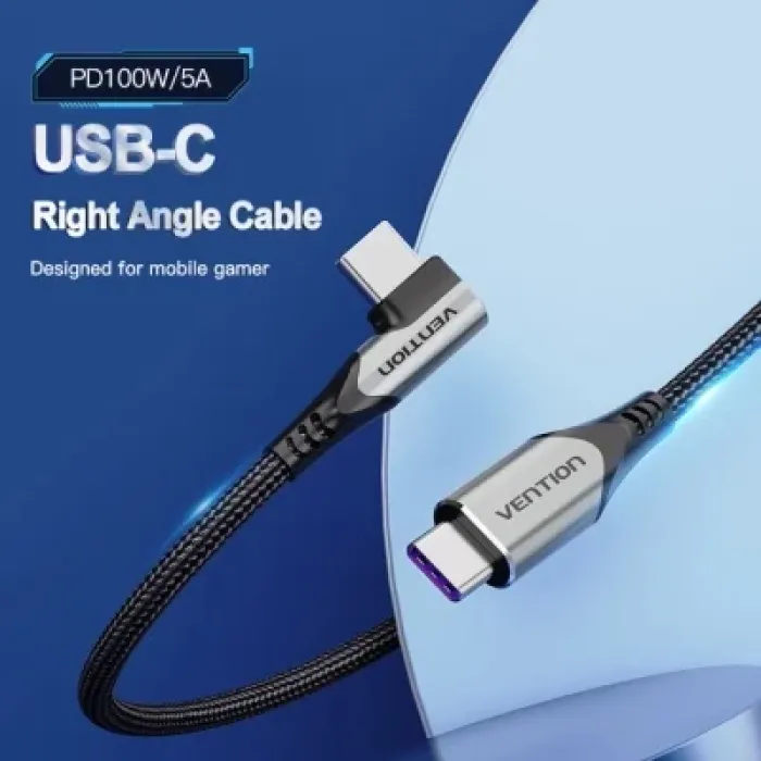 Дата кабель USB 2.0 USB-C to USB-C 1.0m 5A 90° corner aluminum gray Vention (TAKHF)