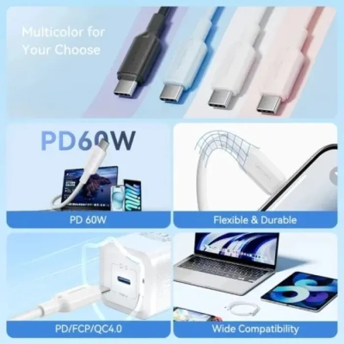 Дата кабель USB-C to USB-C 1.0m 3A black Vention (TRCBF)
