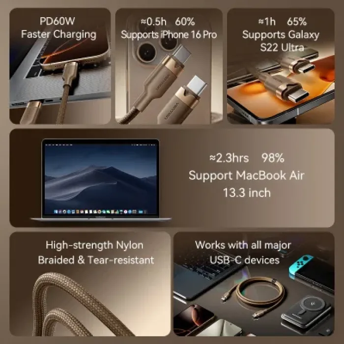 Дата кабель USB-C to USB-C 1.0m 3A aluminum gold Vention (TRDJF)